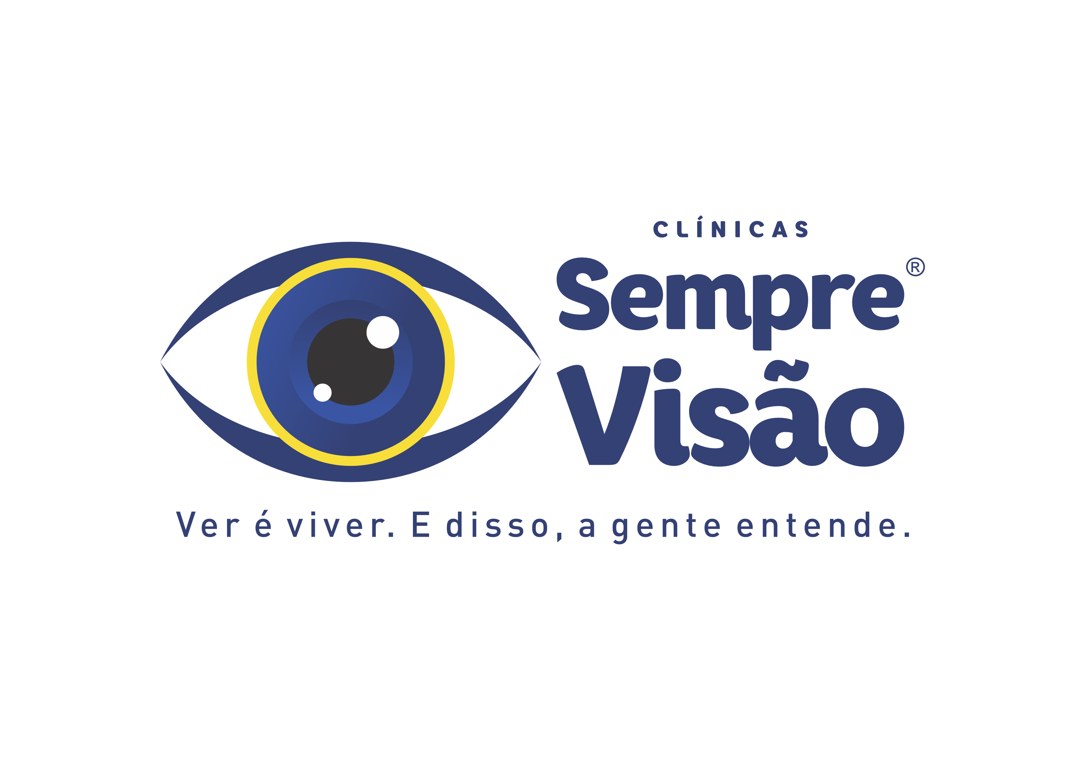 logo sempre visão:á esquerda o desenho de um olho com linhas amarelas e azuis, á direita Sempre Visão.